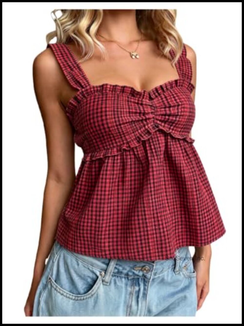 Gingham Ruffle Peplum Tank Top Sweetheart Neck Sleeveless Summer